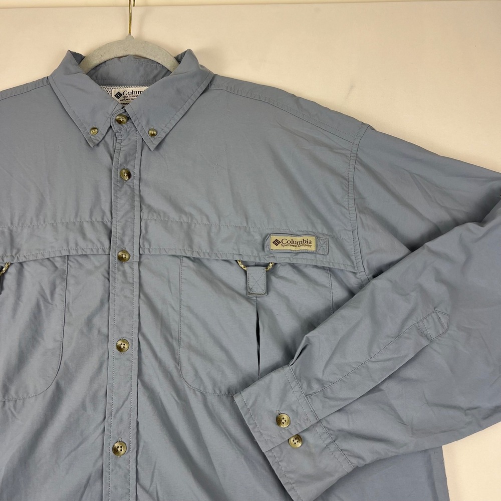 Columbia PFG Bahama II Shirt L Blue Nylon LS Fishing UPF 30 FM7015 - Picture 2 of 9